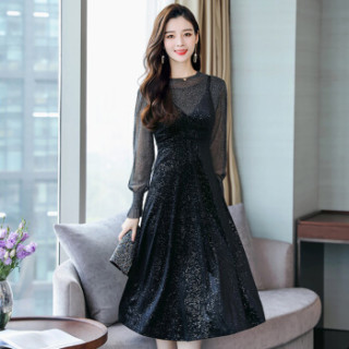 米兰茵 MILANYIN 女装 2019年春季长袖中长款两件套中腰套头时尚潮流连衣裙 ML19100 黑色 M