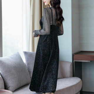 米兰茵 MILANYIN 女装 2019年春季长袖中长款两件套中腰套头时尚潮流连衣裙 ML19100 黑色 M