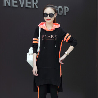 凡淑 2019春季新品女装欧洲站连帽刺绣休闲套装学生跑步时尚运动服潮卫衣 HZ6026-582FSTZR 黑色 M