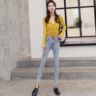 米兰茵 MILANYIN 女装 2019年春季新款修身显瘦九分高腰紧身小脚牛仔裤 MLYH065 浅蓝色 XL