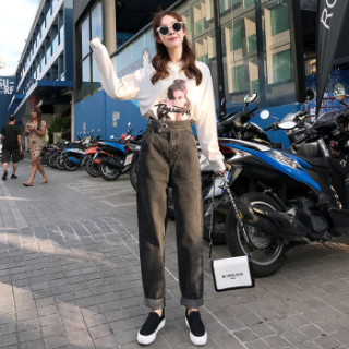 仙丫 2019春季新款女装新品牛仔裤女韩版时尚复古女式高腰宽松哈伦毛边显瘦长裤 cchHG501 灰色 32