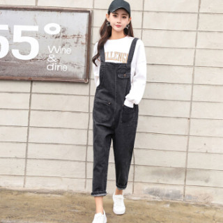 JOY OF JOY 京东女装2019春秋宽松牛仔背带裤复古港味风百搭女裤潮 JWKN191368 黑色 M