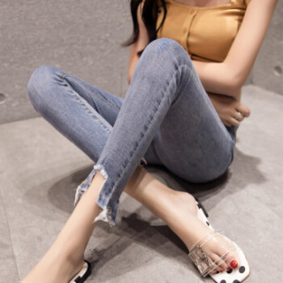 BANDALY 2019春季新款女装新品牛仔裤女高低腰韩版高腰弹力不规则小脚裤 zx1113-8234-1 蓝色 S