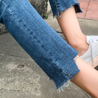 朗悦女装 2019春秋新款牛仔长裤女韩版微喇叭裤九分裤学生小脚裤子LWKN191246 蓝色 S