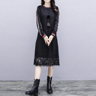 商品joy of joy 京东女装2019春装新款大码女装丝绒拼接时尚显瘦蕾丝