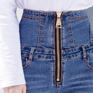 商品莉夏乐 2019春夏新品女装高腰拉链牛仔裤修身弹力小脚裤 zxaldty