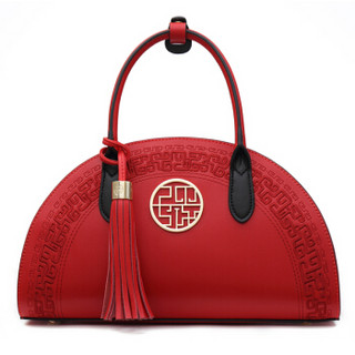 PMSIX 女包新娘包民族风牛皮手提包中国红绣花单肩包包 P120024红色