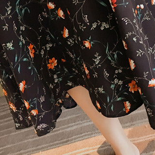 朗悦女装 2019夏季新款韩版吊带连衣裙碎花海边度假裙沙滩裙 LWQZ183514 黑色 L