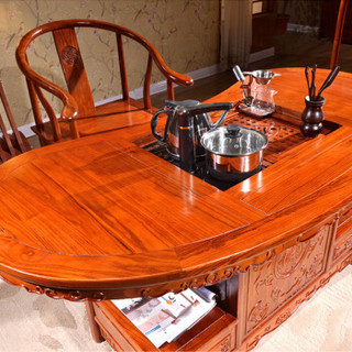 奈高榆木功夫茶桌家用中式实木茶桌椅组合腰型茶桌仿古GR-6一桌五椅1500*800*730
