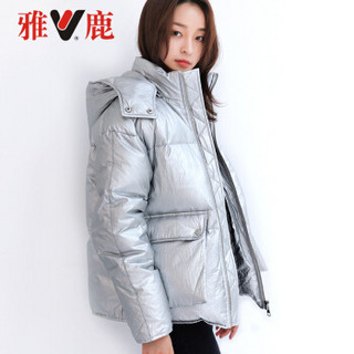 雅鹿 YT6101550 冬季金属色亮面羽绒服女短款加厚连帽面包服潮 金属银 S