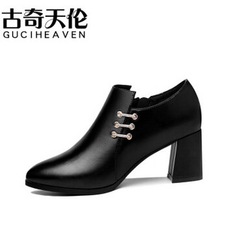 GUCIHEAVEN 古奇天伦 女士时尚韩版百搭尖头粗跟侧拉链纯色单鞋 9378 黑色 39