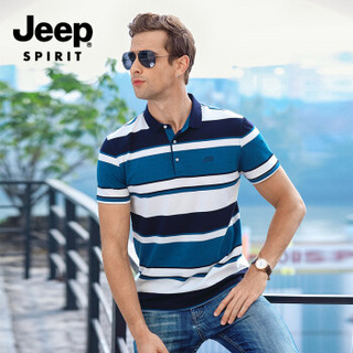 吉普（JEEP）短袖T恤 男士棉翻领条纹POLO衫 CHH-3182蓝色 XL