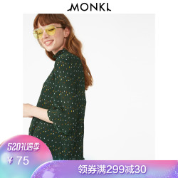 MONKI衬衣 复古薄款无弹深绿色半高领花边雪纺波点衬衫女 0625742