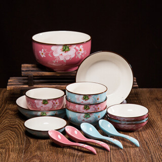 厨美陶瓷餐具套装 （15头）日韩式色釉创意碗碟盘勺套装 繁花似锦