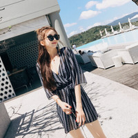 亦美珊 YI MEI SHAN温泉泳衣女 三件套比基尼 小胸钢托聚拢性感保守罩衫显瘦游泳衣 黑灰条纹  L