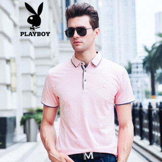 花花公子 PLAYBOY T恤 男士时尚纯色短袖t恤休闲翻领polo衫 17001PL1910 粉色 L