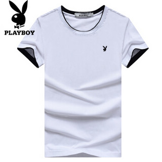 花花公子 PLAYBOY T恤 男士休闲圆领短袖时尚百搭t恤 白色 3XL