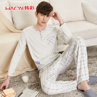 韩彩(HACAI)睡衣男秋冬长袖莫代尔棉格子男家居服套装 浅麻灰 175/100(XL)