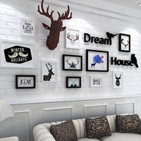 亮丽（SPLENDID）照片墙 相框11框黑白麋鹿+鹿头+小鸟字母北欧简约 立体墙贴画框 卧室客厅餐厅 组合背景