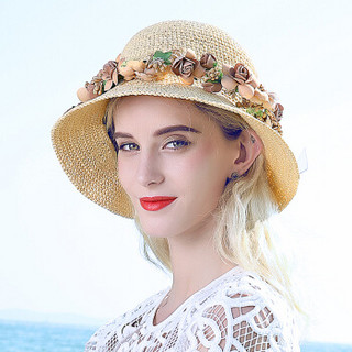 诗丹凯萨帽子女夏季遮阳帽旅行沙滩拉菲草帽可折叠SW105110A 自然色带花环
