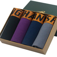 Langsha 浪莎 男士内裤四条礼盒装莫代尔宽边平角男式内裤 185 LW88 (黑色、XXXL、平角裤、莫代尔)