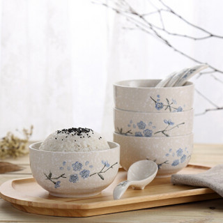 樱之歌  日式釉下彩纯手绘雪花釉陶瓷饭碗碗勺套装碗勺8件套微波炉适用（包含4碗4勺）