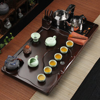 金镶玉 功夫茶具套装 檀木实木茶盘陶瓷茶壶茶杯泡茶炉整套 檀道原矿仿宋汝窑怡然套组