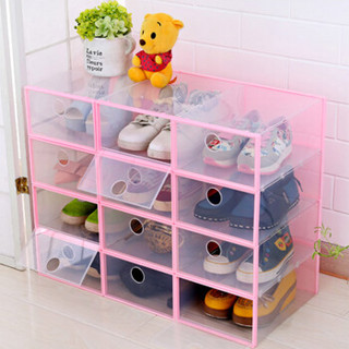 青苇 翻盖式塑料收纳盒 透明鞋盒 组合杂物整理箱 大号6个装 粉色