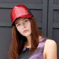 颢莱雅 WG160038 棒球帽女透气网帽子 时尚亮片鸭舌帽 红色