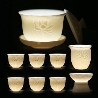 苏氏陶瓷（SUSHI CERAMICS）中国白茶具套装面莲花如脂玉功夫茶具茶杯子陶瓷三才盖碗礼盒装（亚光）