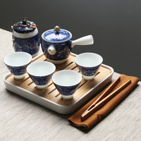 苏氏陶瓷 氏陶瓷 SUSHI CERAMICS）旅行茶具套装车载蓝锦亭立方茶盘带陶瓷小茶叶罐手柄茶壶茶杯子功夫茶具