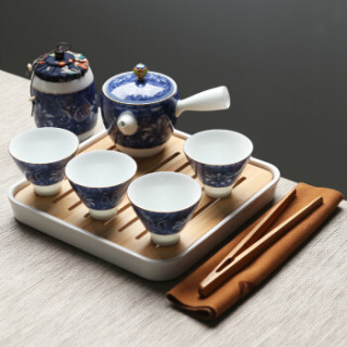 苏氏陶瓷 氏陶瓷 SUSHI CERAMICS）旅行茶具套装车载蓝锦亭立方茶盘带陶瓷小茶叶罐手柄茶壶茶杯子功夫茶具