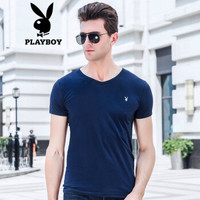 花花公子 PLAYBOY 短袖T恤男士夏季时尚休闲V领男装t恤衫 宝蓝 M