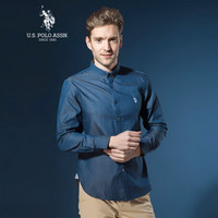 U.S. POLO ASSN. ACSMC-50942 长袖衬衫男牛津纺商务正装纯棉修身美国品牌衬衫 藏蓝色提花L-175