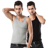 Nan ji ren 南极人 男士背心2件装男士螺纹运动纯棉背心弹力修身男式打底衫 黑1+灰1-L (黑色、L、棉质)