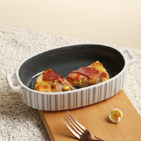 苏氏陶瓷 SUSHI CERAMICS)条纹椭圆小号双柄陶瓷烤盘9英寸