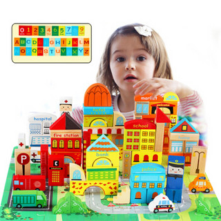 爸爸妈妈（babamama）积木 木制实木儿童玩具大块232粒 婴幼儿拼装城市交通场景圆桶装B5012