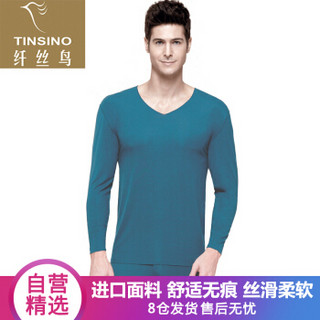 TINSINO 纤丝鸟 秋衣秋裤男士兰精粘纤透气随形裁无痕修身薄款V领保暖内衣套装  湖蓝色  L(175/100)