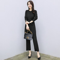 朗悦女装 2019春季新款休闲纯色套装中长款长袖上衣阔腿长裤针织两件套 LWYC178306 黑色 M