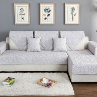 青苇 欧式沙发套 全棉水洗沙发巾坐垫 绗缝刺绣盖布 花语灰色90X90cm  1片装