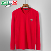 卡帝乐鳄鱼(CARTELO)长袖T恤男V领休闲男士纯色POLO衫 大红 3XL