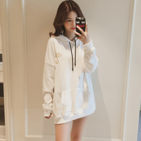 商品joy of joy 京东女装2018秋季新款女装韩版中长款连帽印花卫衣女