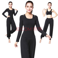 潮流假期 瑜伽服女套装灯笼裤舞蹈广场舞大码运动服 UJ20178-纯黑色-长袖三件套-XXL