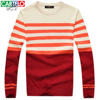 卡帝乐鳄鱼(CARTELO)长袖针织衫男条纹舒适时尚休闲圆领男士毛衣 橙红 3XL