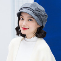 677888贝雷帽女秋冬天羊毛面料韩版潮学生蝴蝶结帽子英伦学院风 灰色