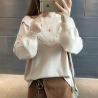 亚瑟魔衣针织衫女韩版甜美荷叶边领套头毛衣女打底衫SH-S3-171 米白色 均码