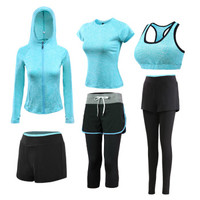 潮流假期 运动套装女夏秋季运动服套装健身跑步瑜伽服 蓝色-长裤+七分裤+短裤+背心+短袖+外套六件套-M
