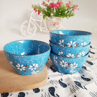 萌可吃饭碗家用日式餐具樱花米饭碗手绘陶瓷碗具雪花釉4.5英寸小碗4只套装