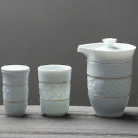 苏氏陶瓷 SUSHI CERAMICS 金镶玉便捷茶具快客杯缠枝四件陶瓷旅行茶具套装（含茶叶罐）