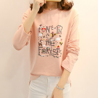 朗悦女装 2019春季新款宽松学生长袖T恤韩版印花打底衫时尚圆领上衣 LWTC181207 粉色 M